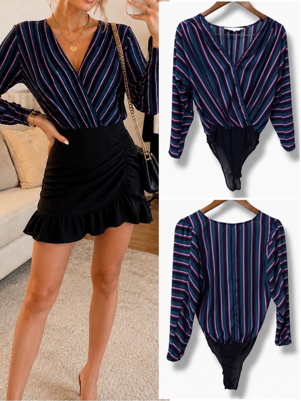 ASTR | EUC Pink & Teal Accents Striped Navy Wrap Oversized Bodysuit Top (sz XS)